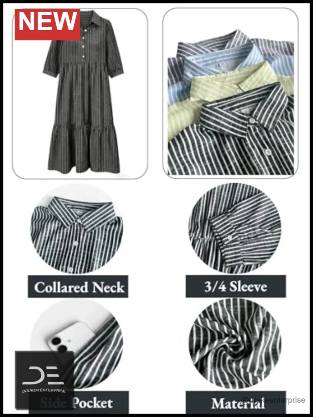 Women's Striped Shirt Maxi Dress - Boho Breezy 3/4 Sleeve Collared